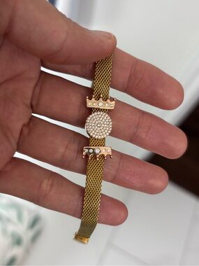 Pandora Gold plated Mesh Slider Bracelet with  Rose Gold Charms. 6.5 inches
